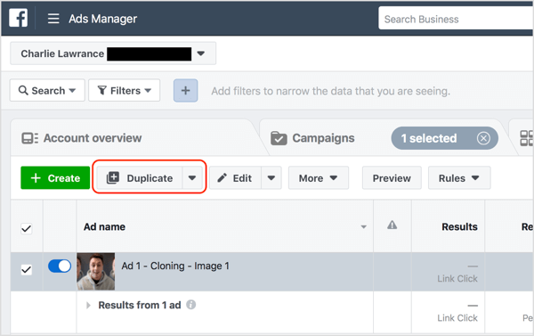Sélectionnez l'annonce Facebook que vous souhaitez modifier et cliquez sur Dupliquer.