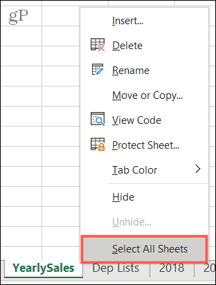 Sélectionnez toutes les feuilles dans Excel