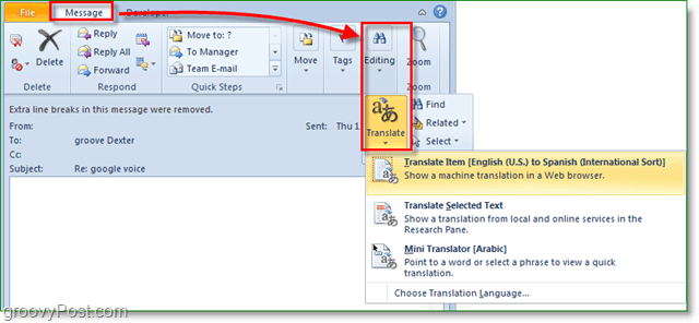 dans Outlook, le bouton de traduction est situé dans un endroit différent, où est-il?
