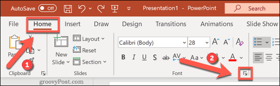 Accès au menu d'options Polices dans PowerPoint sous Windows