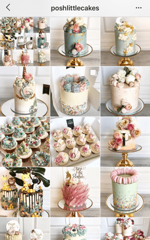 Comment améliorer vos photos Instagram, exemple de thème de flux Instagram de Posh Little Cakes montrant une palette de couleurs en sourdine