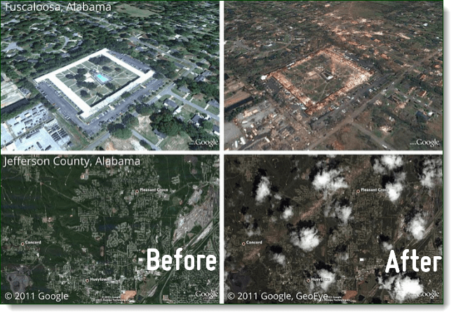 Découvrez les effets des récentes tornades de l'Alabama via Picasa sur Google Earth
