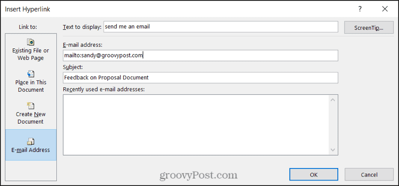 Lien vers un e-mail dans Word sous Windows