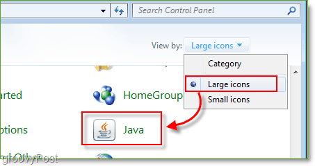 Capture d'écran: Panneau de configuration de Windows 7, lancez Java