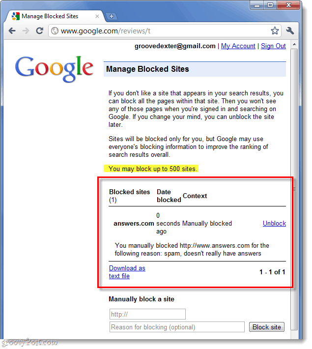 liste de vos sites Web bloqués par Google