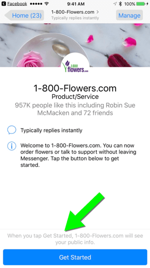 L'envoi d'un message à 1-800-Flowers.com via leur page Facebook permet aux utilisateurs de devenir facilement clients.
