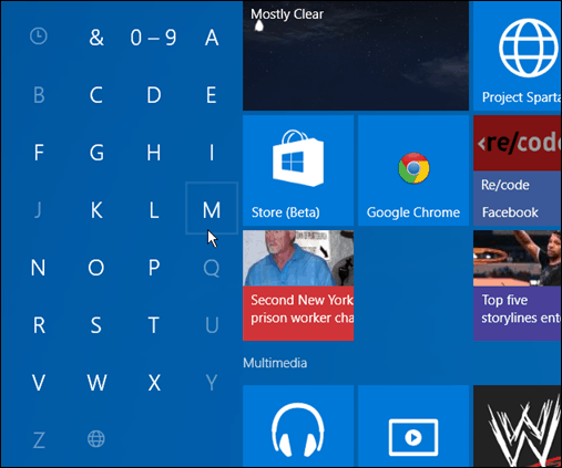 Rechercher des applications dans la première lettre de Windows 10