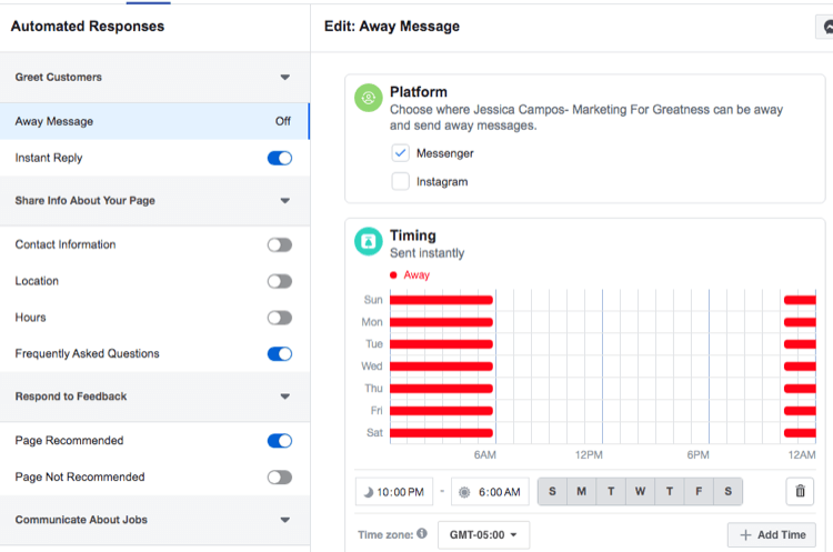 Capture d'écran des paramètres de synchronisation pour la réponse automatisée du message d'absence de Facebook Messenger