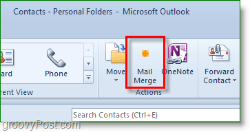 Capture d'écran d'Outlook 2010 - cliquez sur fusion et publipostage