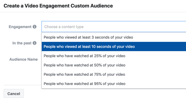 Comment promouvoir votre événement en direct sur Facebook, étape 9, créez une campagne d'engagement vidéo de personnes qui ont regardé au moins 10 secondes de votre vidéo