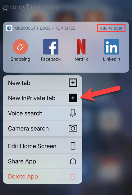 Sélectionnez Nouvel onglet InPrivate à partir de l'icône Edge dans iOS