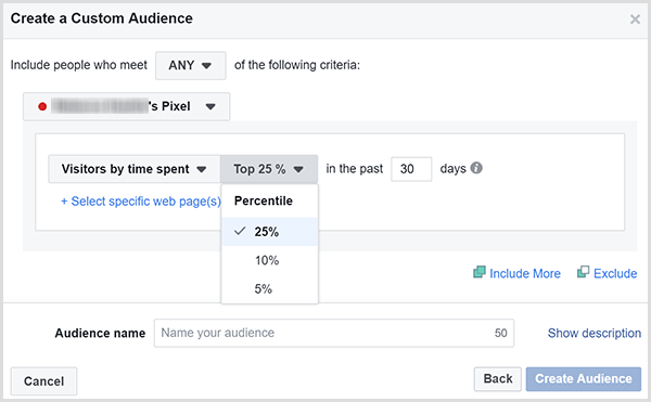 La boîte de dialogue Facebook Créer une audience personnalisée propose des options pour cibler les publicités sur les clients qui ont passé le plus de temps sur votre site Web.