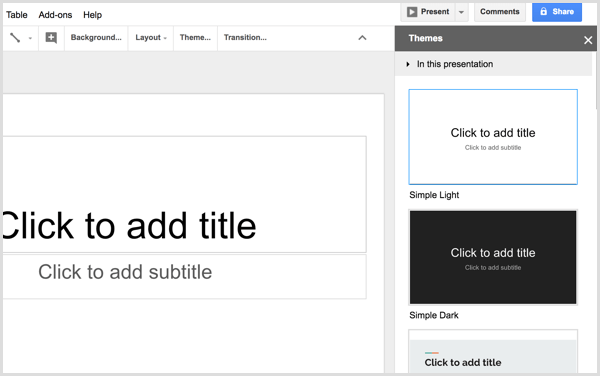 Google Slides sélectionner le thème