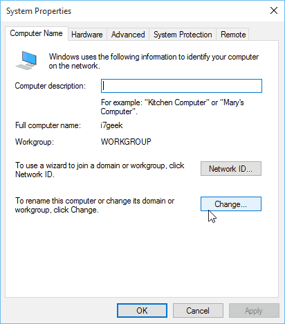 Nom de l'ordinateur des propriétés du système Windows 10