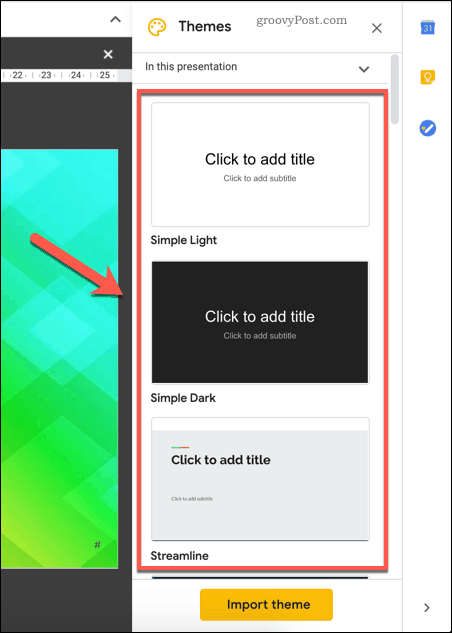 Sélection d'un thème de modèle Google Slides existant
