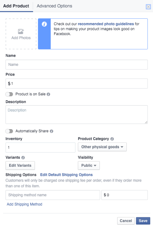 détails du produit de la boutique facebook