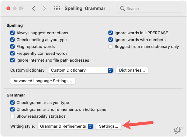Options Mac Word, Paramètres de grammaire