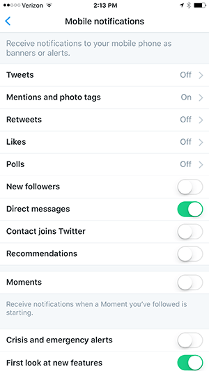 paramètres de notification twitter iphone