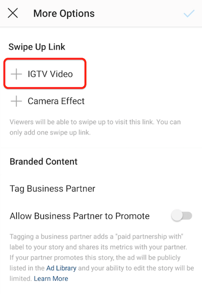 Options de menu instagram pour ajouter un lien vers le haut avec l'option vidéo IGTV en surbrillance