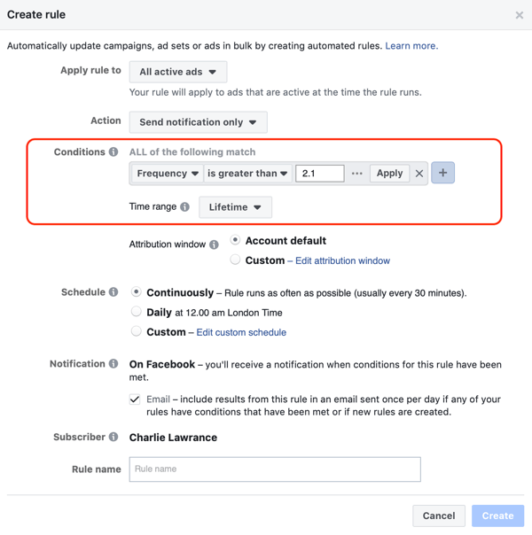 Utilisez les règles automatisées de Facebook, notification lorsque la fréquence des annonces est supérieure à 2,1, étape 2, paramètres des conditions
