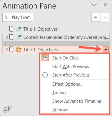 Options d'animation dans le volet