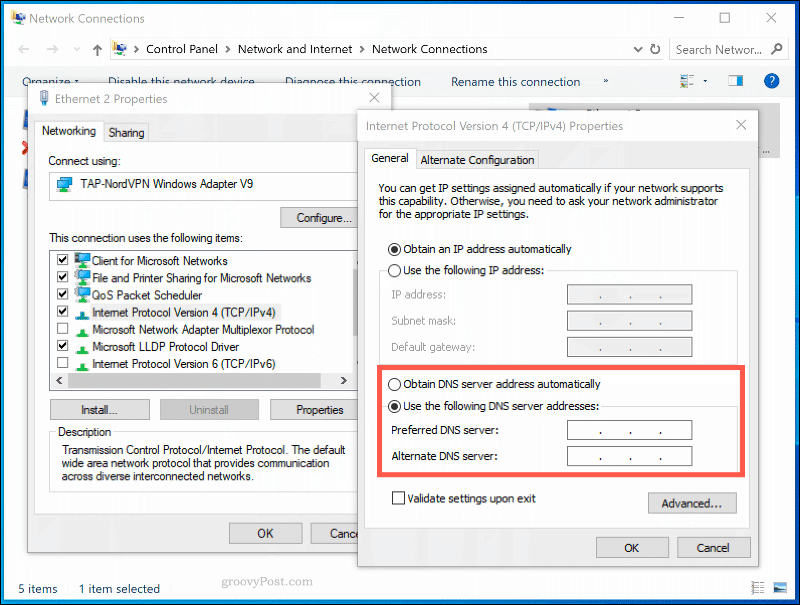 La fenêtre des paramètres DNS pour une connexion réseau dans Windows 10