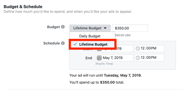 Conseils pour réduire vos coûts publicitaires Facebook, option pour définir le budget de la campagne sur le budget à vie