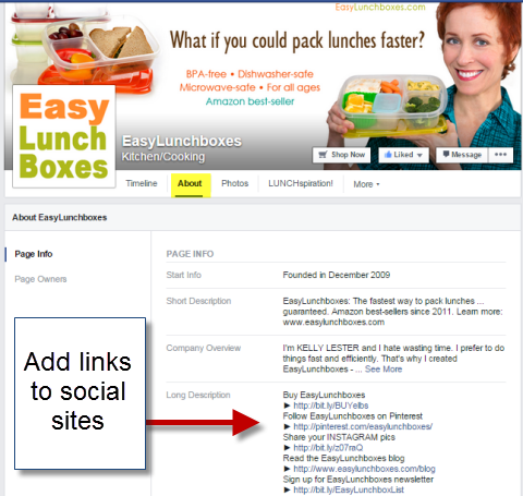 liens sociaux dans la section à propos de la page facebook des boîtes à lunch faciles