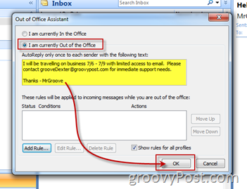 Activer Activer la réponse automatique de Microsoft Outlook Out of Office Assistant