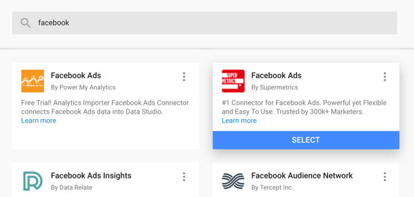 Utilisez Google Data Studio pour analyser vos publicités Facebook, étape 4, option pour utiliser le connecteur Facebook Ads de Supermetrics comme source de données