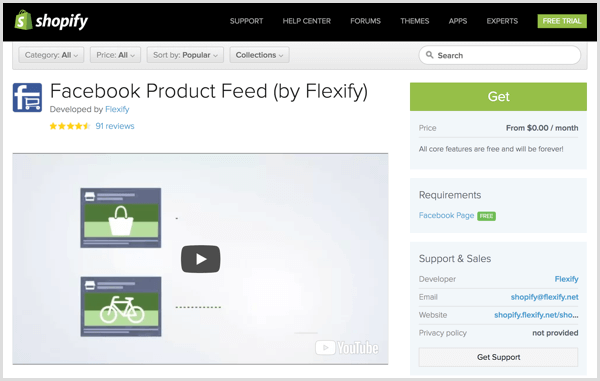 Page du plugin Facebook Product Feed par Flexify