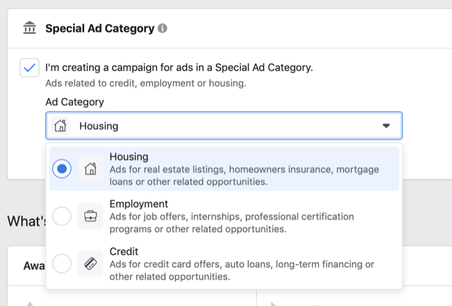 Options de catégorie d'annonce spéciale Facebook dans le menu déroulant Catégorie d'annonce