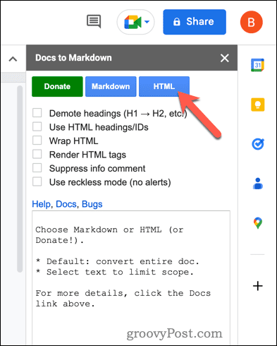 Convertir en HTML en utilisant Docs to Markdown dans Google Docs
