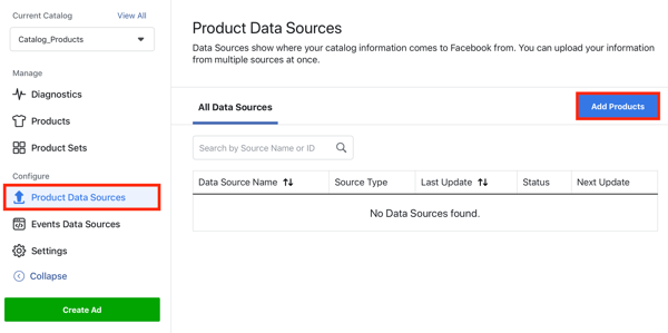 Utilisez l'outil de configuration d'événements Facebook, étape 22, option de menu pour ajouter des produits via l'onglet Sources de données produit dans Facebook
