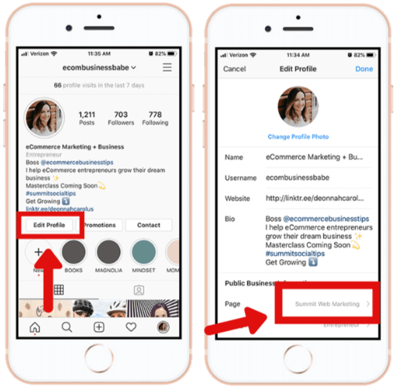 comment connecter un compte professionnel Instagram à la page Facebook dans l'application Instagram