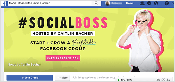 La photo de couverture du groupe Facebook pour Social Boss hébergée par Caitlin Bacher a un fond jaune, des accents roses sur le texte et une photo de Caitlin remontant le col de sa chemise.