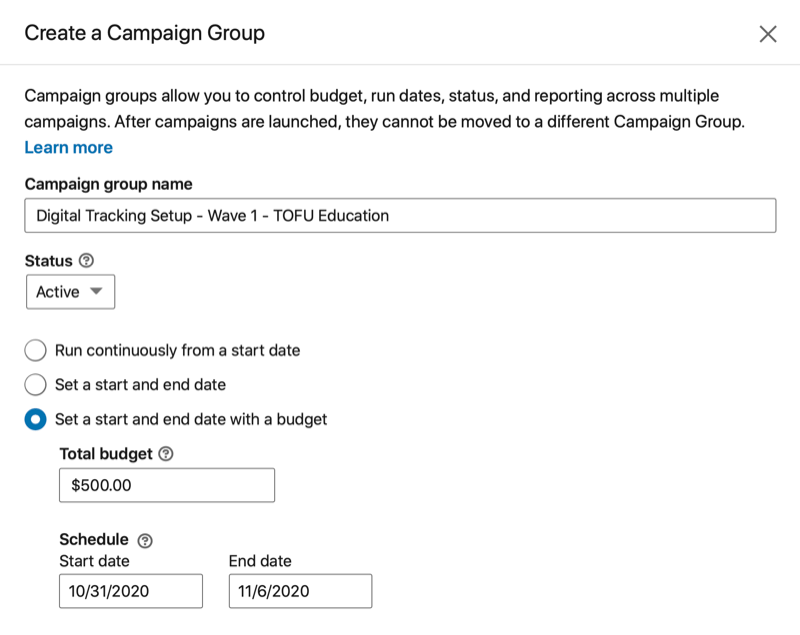 linkedin créer un menu d'options de groupe de campagne avec nom, statut, dates de début et / ou de fin, budget total et calendrier applicable