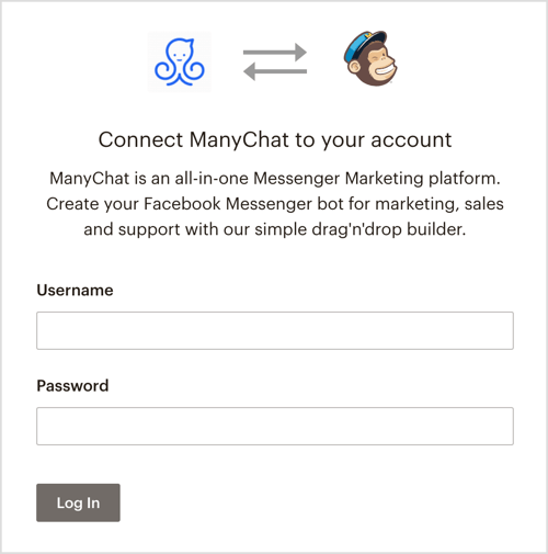 Connectez-vous à votre compte MailChimp via ManyChat.