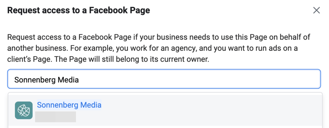 image de l'écran Demander l'accès à une page Facebook dans Meta Business Manager