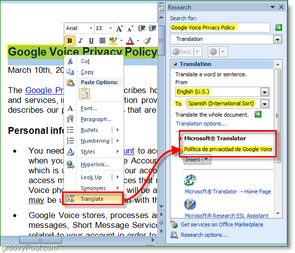 Office 2010 peut également traduire des mots et des séquences individuels