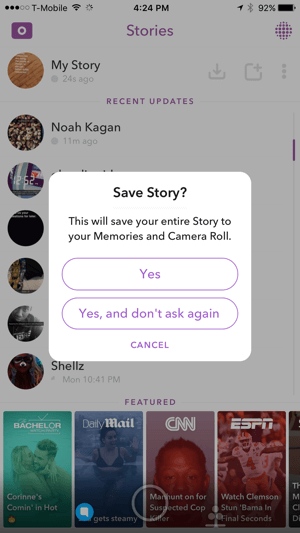 Appuyez sur Oui pour enregistrer votre histoire Snapchat.