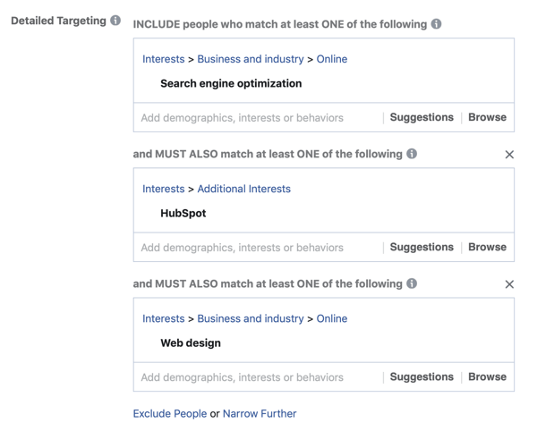 Exemple d'ajout d'une troisième couche de vos résultats dans les intérêts de votre audience Facebook en utilisant un deuxième champ de correspondance DOIT AUSSI.