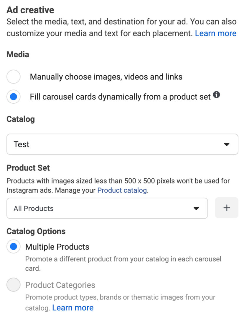 image de l'option Remplir dynamiquement les cartes du carrousel à partir d'un ensemble de produits sélectionnée lors de la configuration de la publicité Facebook
