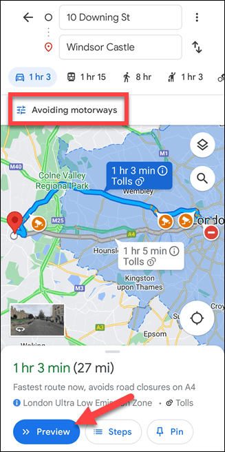 Itinéraire mobile Google Maps sans autoroutes