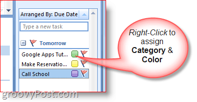 Barre des tâches d'Outlook 2007 - Tâche du clic droit pour sélectionner les couleurs et la catégorie