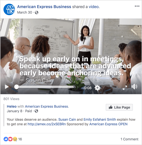 Cette publicité Facebook pour American Express Business présente Susan Cain, une experte en leadership et en gestion bien connue qui s'est fait connaître grâce à un récent TED Talk.