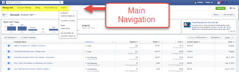 navigation principale du gestionnaire d'annonces facebook