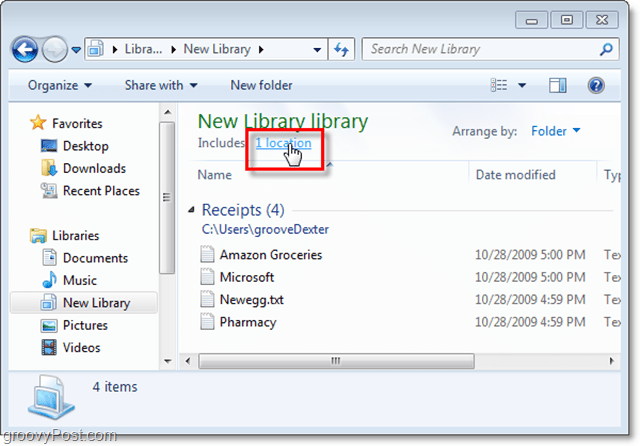 appuyez sur le lien d'emplacement pour définir l'ajout de nouveaux emplacements à une bibliothèque Windows