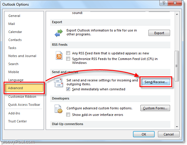options avancées d'envoi et de réception dans Outlook 2010