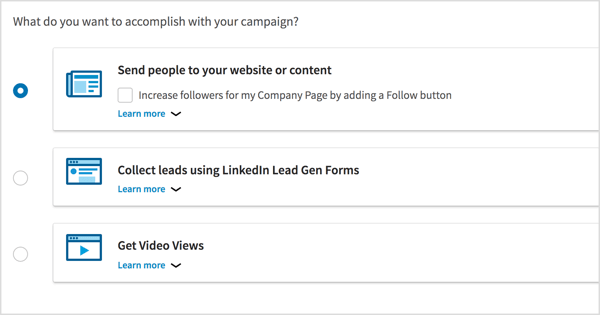 Choisissez l'objectif de votre campagne publicitaire vidéo LinkedIn.